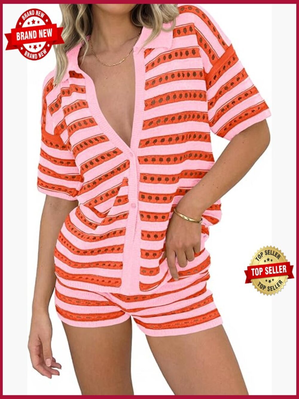 Crochet 2 Piece Shorts Set Swimsuit Coverup Knit Button Up